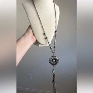 Isadora Brand Necklace Blue Rhinestone Antique Brass Tassel Long 44”
